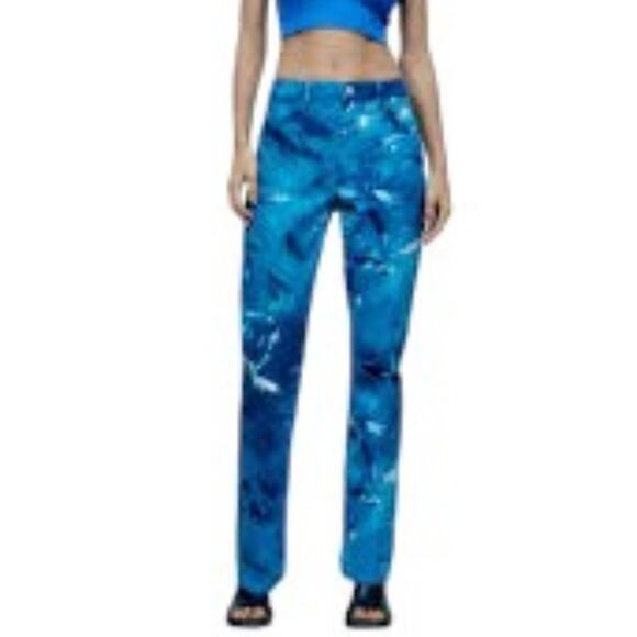 NWT ZARA Ocean Sea Life Fish Printed High Rise Straight Fit Jeans SZ 0 - Picture 2 of 12